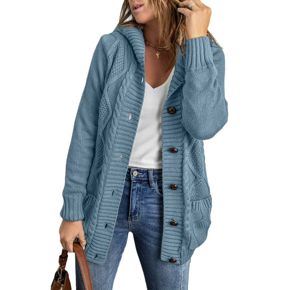 Eytino Womens Hooded Cardigan Sweater Coat Long Sleeve with Pockets Blue Size M - Picture 5 of 7